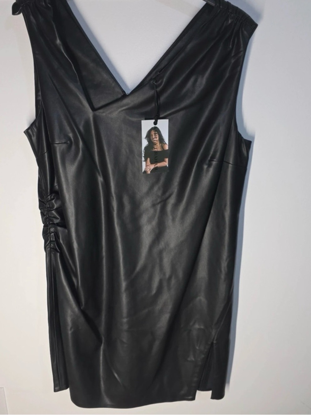 Ashley Graham Black Faux Leather V-Neck Mini Dress
